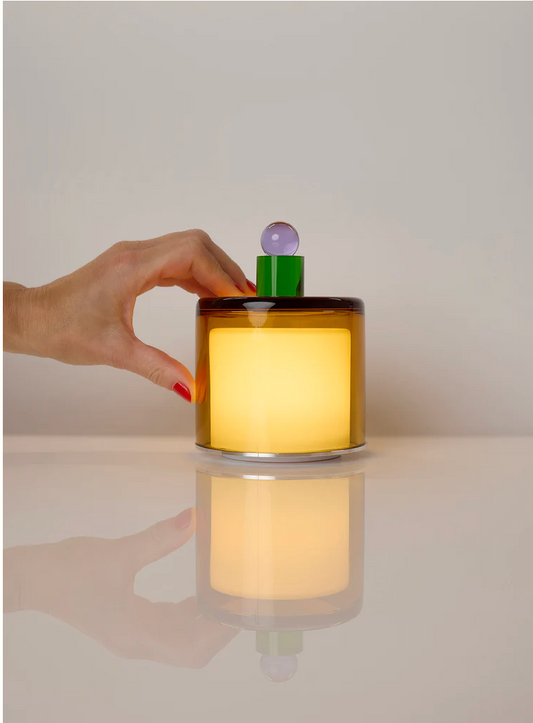 HAND BLOWN GLASS LAMP IN AMBER, GREEN AND LILAC