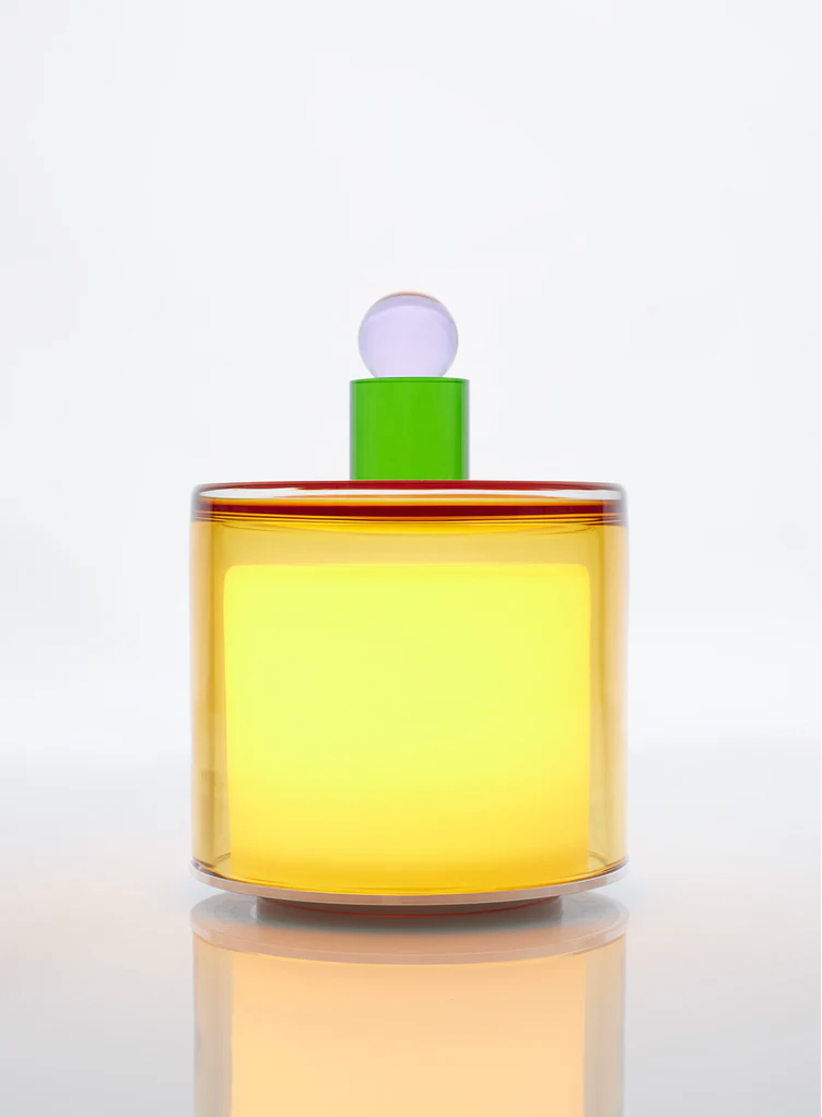 HAND BLOWN GLASS LAMP IN AMBER, GREEN AND LILAC