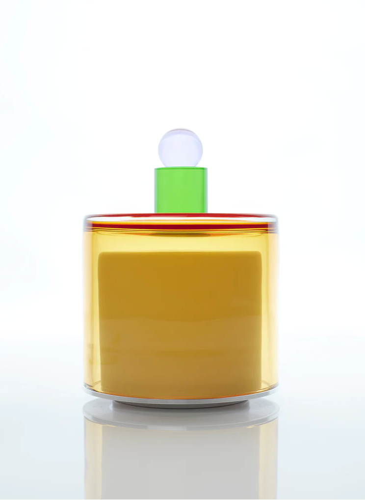 HAND BLOWN GLASS LAMP IN AMBER, GREEN AND LILAC